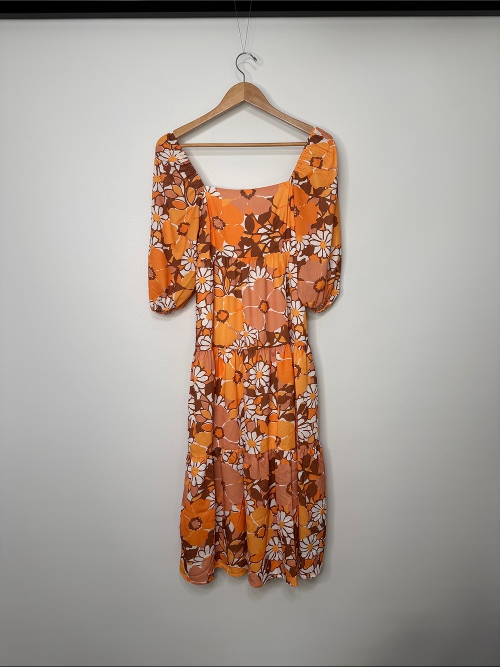 LAIT Orange Floral Tiered Midi Dress with Puff Sleeves XS
